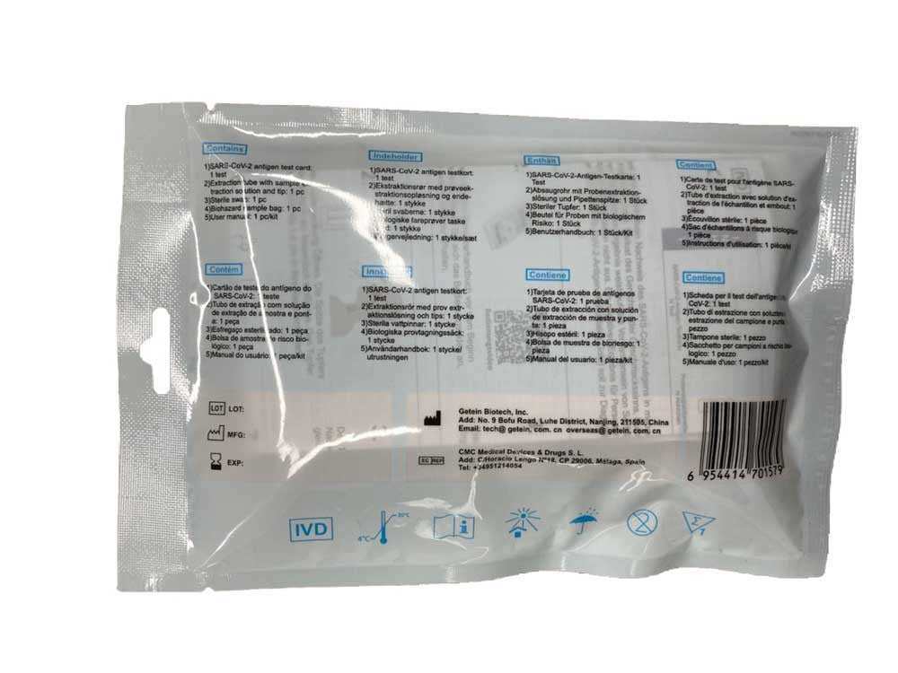 Getein SARS-CoV-2 Antigen Laientest mit CE1434 - Omikron - einzeln verpackt als Softpack - 0,39€ / Stück